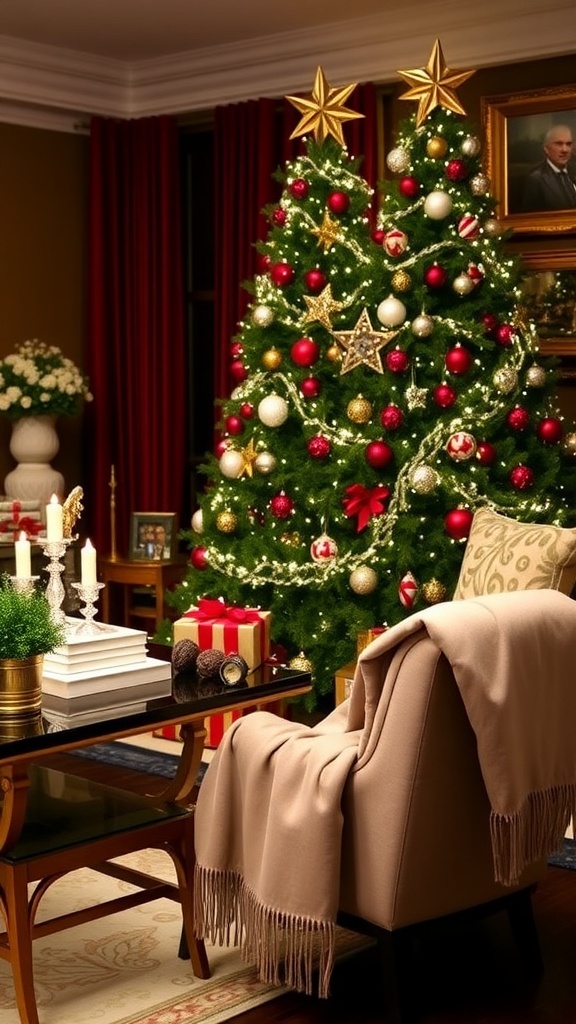 A chic Christmas living room inspired by Gossip Girl, featuring a decorated tree, stylish furniture, and festive decor.